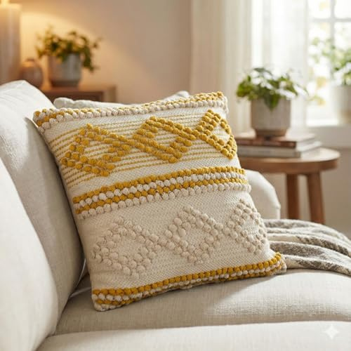 TreeWool Baumwoll-Kissenbezug im Boho-Stil, Gewebt, für Sofa & Wohnzimmer (45 x 45 cm, Gedecktes Gelb und Naturcreme, 1 Stück) – ohne Füllung