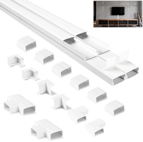 NUTKIT 4m Cable Trunking Kit, Cable Cover for Cord(L1000mm,W25mm H13mm) | White Wire-trunking for Electric-cables, Self Adhesive Trunking for TV cables, Cable Tidy Management to Hide Wires On Wall-4X