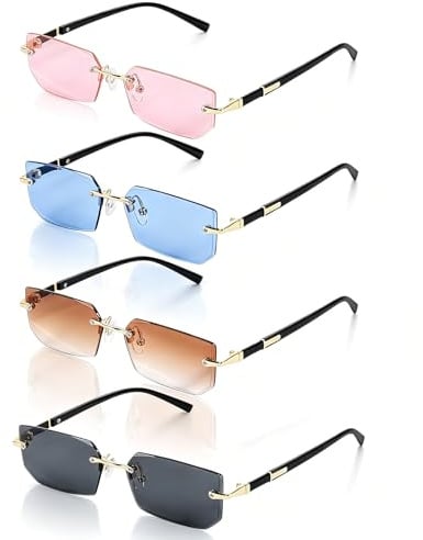 VUTYNKO Lot de 4 lunettes de soleil rectangulaires sans monture, pour homme et femme, ultra légères, protection UV, dégradé, tendance, rétro, carrées, sans monture, pour camping, photographie