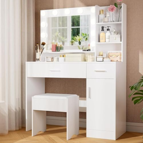 RTDTD Makeup Dressing Table, Vanity Desk with 3-Colour LED Mirror & Adjustable Brightness, 2 Large Drawers, Large Cupboard, 4 Open Shelves, Extra-Wide Desktop, Padded Storage Stool, White