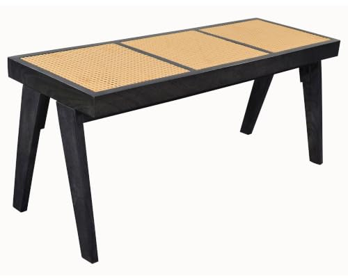 FineBuy Sitzbank 120x38x48 cm Akazie Massivholz Schwarz, Rattan | Holzbank mit Wiener Geflecht im Mid-Century Stil, Bettbank und Flurbank, Esszimmerbank handgefertigt