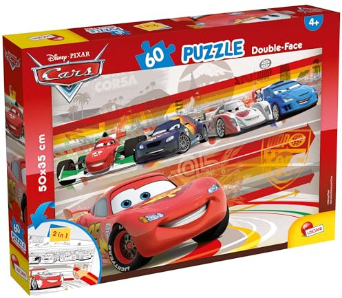 Lisciani - DISNEY Cars Geduldsspiel - Puzzle ab 4 Jahren - Double Face 2 in 1: Legespiel & Malrückseite - 60 Teile - Format 50 x 35 cm - Lernspiel für kleine Rennfahrer und Lightning McQueen
