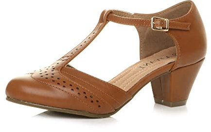 Womens Ladies mid Block Heel t-bar Cut Out Buckle Brogue Shoes Sandals, Tan Matte, 5 UK