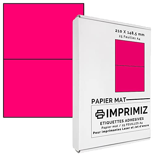 50 étiquettes autocollantes Rose fluo de 148,5 X 210 mm - 2 étiquettes/feuille - 25 planches papier A4 adhésif couleur - pour impression Laser et Jet d'encre