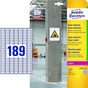 Avery Zweckform Papier-Etiketten stark haftend 25,4x10mm VE=20 Bogen/3.780 Etiketten weiß