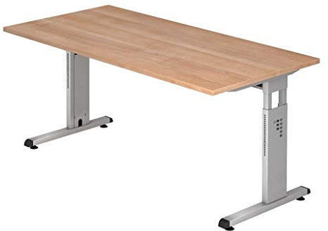 Froschkönig24 Schreibtisch 16617 höhenverstellbarer Arbeitstisch Tisch Bürotisch 160x80cm, Farbe Gestell:Weiß, Dekor:Nussbaum