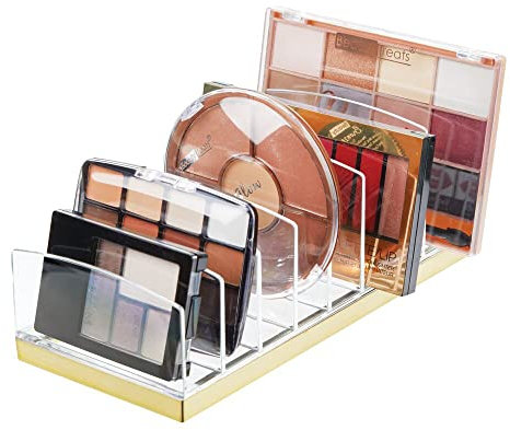 mDesign Kosmetik Organizer aus Kunststoff – Schminkaufbewahrung mit 9 Steckplätzen – Aufbewahrungsbox für den Waschtisch, Schminktisch oder Schrank – durchsichtig und messingfarben