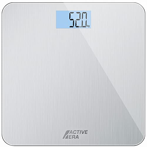 ACTIVE ERA Ultraschlanke Digitale Personenwaage mit präziser Messgenauigkeit und Step-On Technologie - Waage aus Sicherheitsglas und mit großer LCD Anzeige - Stahl