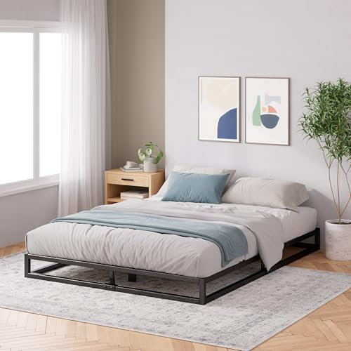 Zinus Joseph Double Bed frame - Bed 135x190 cm - 15 cm Height with Underbed storage - Metal platform bed frame with wood slat support - Black