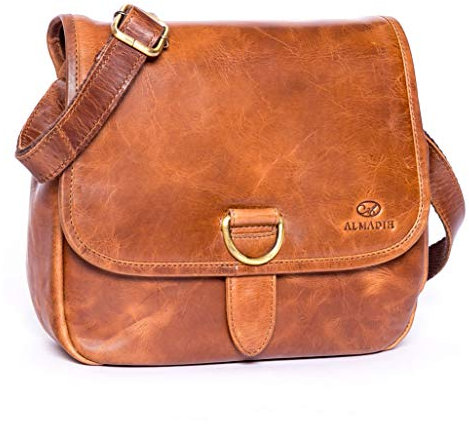 ALMADIH Leder Umhängetasche Damen LOLA mit 2 Hauptfächer - Ledertasche Handtasche Schultertasche Freizeittasche Bürotasche Abendtasche Messenger kompakte Tasche braun cognac (LOLA deluxe)