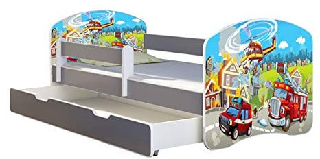 ACMA Kinderbett Jugendbett mit Einer Schublade und Matratze Grau mit Rausfallschutz Lattenrost II (36 Feuerwehr, 160x80 + Bettkasten)