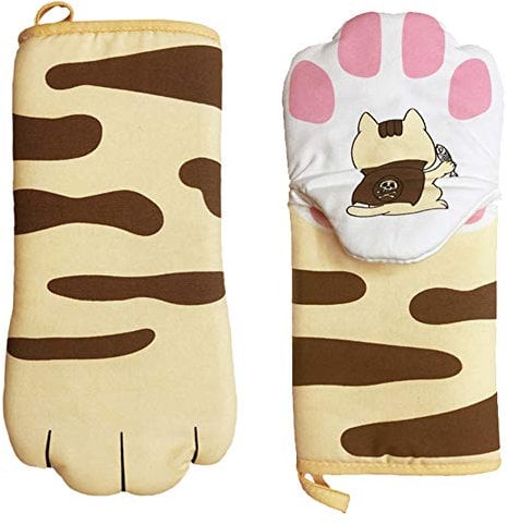 Gant Cuisine Résistant à la Chaleur Jusqu'à 250 ℃ Antidérapant Patte de Chat Antidérapant Gants Isolants Manique et Gant pour Barbecue Patte de Chat de Dessin Animé Mignon pour la Cuisson 2 Pièces (B)