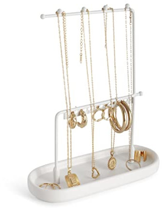KOOK TIME Organizador de Joyas - Porta Joyas con Colgador para Collares y Pendientes, Bandeja para Anillos y Bisutería - Soporte de Joyas en Metal y Cerámica Blanco Mate - 17.5x7x22 cm.