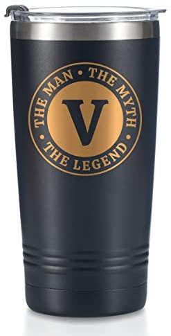Onebttl The Man The Myth The Legend Mug with Initials, Monogrammed Stainless Steel Travel Tumbler for Men, Funny Personalised Coffee Cup, Custom Birthday Christmas Gifts for Him, 590 ml, V