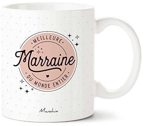 Manahia Mug Cadeau Marraine - Meilleure marraine du monde entier - Avec Boite Kraft - Imprimé en France - 330 mL, Céramique - Tasse Marraine - Noël - Annonce Baptême - Demande Future Marraine