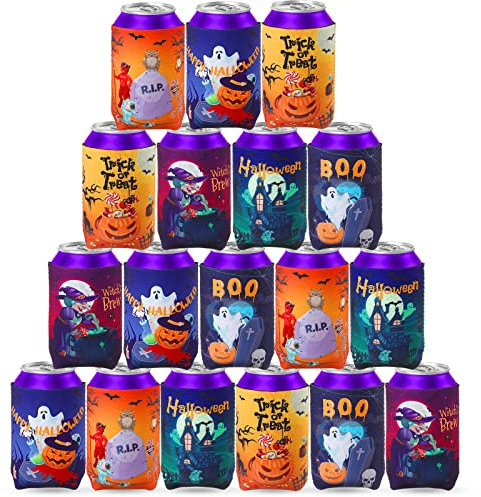 18 Stück Halloween Dosenkühler Ärmel Hexe Kürbis Spinne Totenkopf Flaschenkühler Nylon Kürbis Halloween Party Geschenk 2 Seitiges Kostüm Zubehör Lustige Halloween Dosenkühler Getränkekühler für