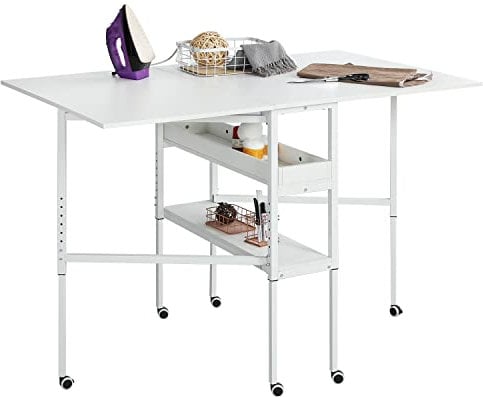 EROMMY Folding Sewing Cutting Table, for Large Fabric,Mobile Height Adjustable with Storage Shelves, Foldable for Home Office