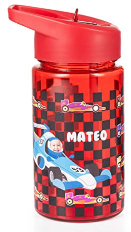Wanapix | Botella Infantil Personalizada| Botella para Niños | Con Pajita y Asa de Transporte | Plástico Libre de BPA | 440 ml (Rojo, 100% Personalizado)