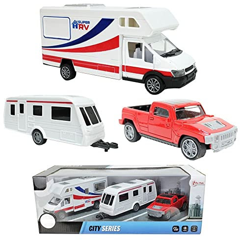 Wohnwagen Spielzeug Auto Set Camping mit Rückzug-Antrieb, Premium Qualität, Pick-Up Wohnmobil Spielzeug, Camper Spielzeug, Wohnwagen Spielzeugauto Spielzeug Auto