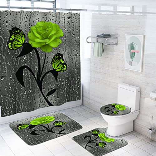 BXFUL 4 Piece Waterproof Shower Curtain Set for Bathroom-Rose-Non-Slip Bath Mat and 12 Hooks,Curtain Set with Rug,Toilet Lid Cover Bathroom Decoration (Green)