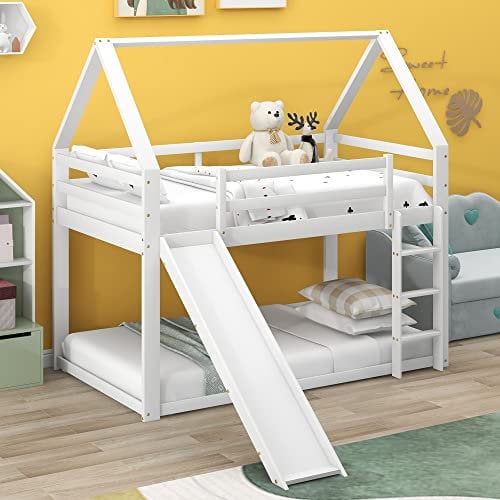 Azkoeesy Etagenbett 90 x 200 cm für 2 Kinder, mit Rutsche, mit Lattenrost, Hausbett, Kinderbett, Kinderhochbett, Weiß