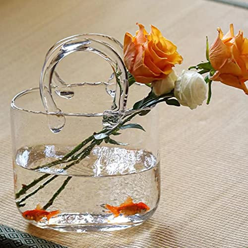 Supatmul Vase Sac à Main en Verre, Sac à Main pour Fleurs, Vase en Verre en Forme Sac à Main avec Bulle et poignées, Vases en Verre Bocal à Poisson, Vase à Fleurs Transparent pour centres Table