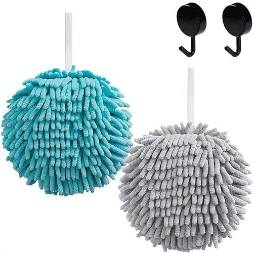 Frbryak 2 Pack Fuzzy Ball Hand Towels Bathroom Kitchen Hanging Enlarge Soft Fast Drying Chenille Hand Towel Balls with 2 Hooks Cool Gadgets (Grey+Blue)