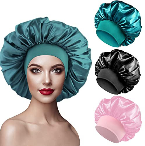 PAEFIU 3 Stück Seidenhaube zum Schlafen, Schlafhaube Seide Elastizität Satin Haarhaube für Die Nacht Weiche Bonnet Sleep Cap für Damen(Schwarz,Cyan,Rosa)