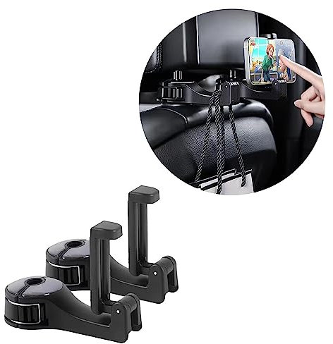 ViWaVee Kopfstützenhalterung Auto Haken mit Handyhalterung, 360° Heckhaken für Autositze für Tasche, Geldbörse, Stoff, Lebensmittel, Rücksitz Auto Organizer, Leicht zu Handhaben (Schwarz 2 Pack)