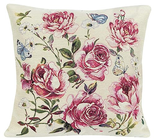 Kissenbezug Gobelin Rosen rosa Deko Sofakissen Jacquard
