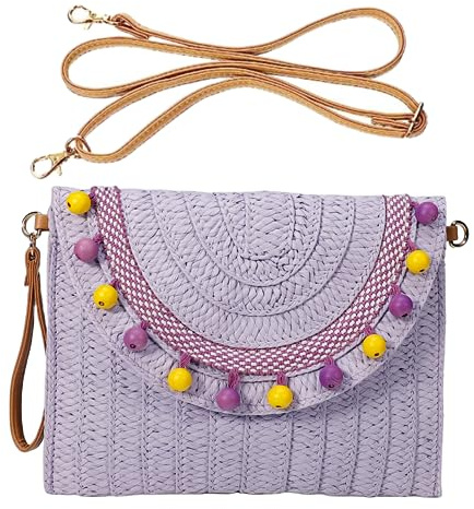 HINGTAT Bolso de mano de paja para mujer, bolso cruzado de paja, bolsas de playa para mujer, bolsa de tela de paja, bolsa de fiesta para fiesta de noche, 06-púrpura