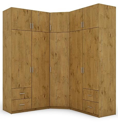 e-Meblast - 3-teilige Eckschrank - 189x240x54 cm - Ohne Spiegel - Schlafzimmer, Wohnzimmer Eck Ecke Eckeschrank - 20 Einlegeböden - 4 Schubladen - 3 Kleiderstange - Schrank - PVCKante - Lancelot Eiche