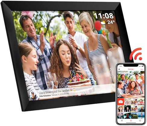 Atlantis Digitaler WiFi-Bilderrahmen, 10 Zoll, Touchscreen, teilen Sie Fotos und Videos per App, digitales Foto, automatische Drehung, Uhr und Wetter, Speicher 1 GB RAM + 16 GB für Fotos,