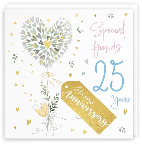 Hunts England - Tarjeta de 25 aniversario de amigos especiales - 25 años - Corazones contemporáneos - Lámina dorada - Tarjeta de lujo 25 aniversario de boda para amigos especiales - Milo's Gallery