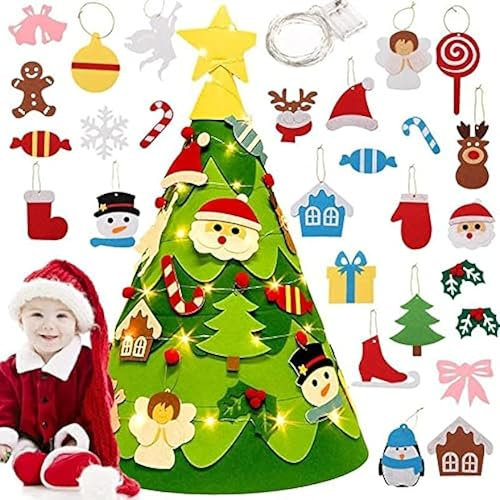 Poevic 3D DIY Felt Christmas Tree, Large Felt Christmas Tree Decoration with 30pcs Ornaments, New Year Handmade Christmas Decorations Gifts for Kids (18Pcs 75CM*48CM (with LED))
