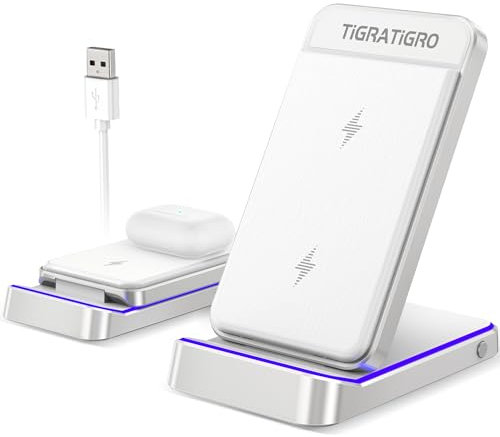 Tigratigro Chargeur sans Fil 15W - Induction Stand - Support de Charge Rapide Qi Pliable, Compatible iPhone 12-16/Samsung Galaxy - Design Élégant Argent