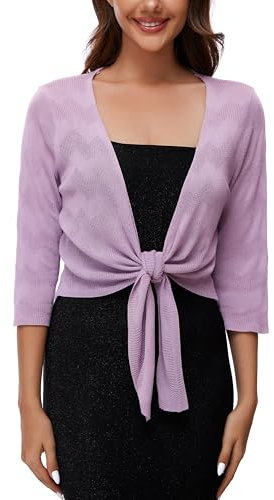 Bolero da donna con nodo frontale, cardigan coprispalle maglione manica 3/4 annodato leggero corto scialle top, Uncinetto lilla Viola, 3XL