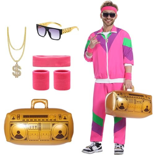 Blisscok 80er 90er Jahre Outfit Herren Damen,8 Pcs 80er 90er Kostüm Bad Taste Outfit Herren Damen mit Jacke Hose Goldkette Stirnband Armbänder Brille Aufblasbare Radio für Karneval (Rosa, M)