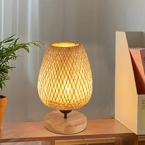DELIPOP Nachttischlampe, Moderne Tischlampe Rattan aus Bambus und Holz, handgefertigt Boho Nachtlicht mit E27-Fassung max 60W für Schlafzimmer Nachttisch, Wohnzimmer, Kinderzimmer