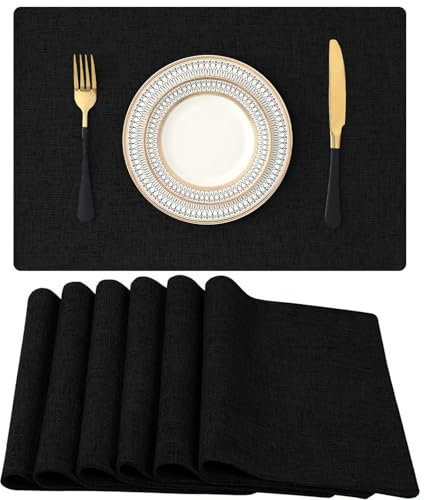 Homaxy Tischsets Abwaschbar 6er Set, Platzsets Abwischbar Leinen Hitzebeständig Platzdeckchen rutschfest Doppelseitigen Tischuntersetzer Tischsets Stoff, Schwarz