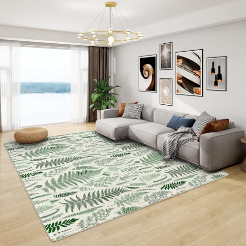 Green Botanical Washable Rug - Fern Plant Rug, Green Leaves Rugs for Living Room Bedroom, Washable Non Slip Soft Small Carpet, Patterned Area Rugs & Home Decor 80x150 cm