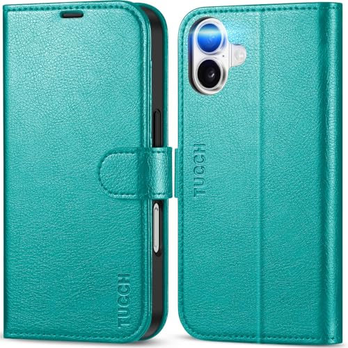 TUCCH Case for iPhone 16 (6.1) 2024, Magnetic PU Leather Wallet Foldable Folio Case with [Viewing Stand]Flip Cover[Shockproof TPU][RFID Blocking][Credit Card Holders]Compatible with iPhone 16, Cyan