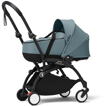 Stokke YOYO3 Kinderwagen mit Liegewanne (Aqua) - Inklusive Rahmen (Black), Liegewanne, Doppelmatratze, Fußbezug, gepolstertem Schultergurt und schützender Aufbewahrungstasche