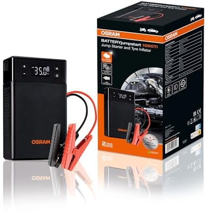 OSRAM BATTERYjumpstart 1000TI, power bank, avviatore di emergenza al litio e gonfiatore di pneumatici, per veicoli a 12 V con motori a benzina fino a 5,0 litri e diesel da 3,0 litri