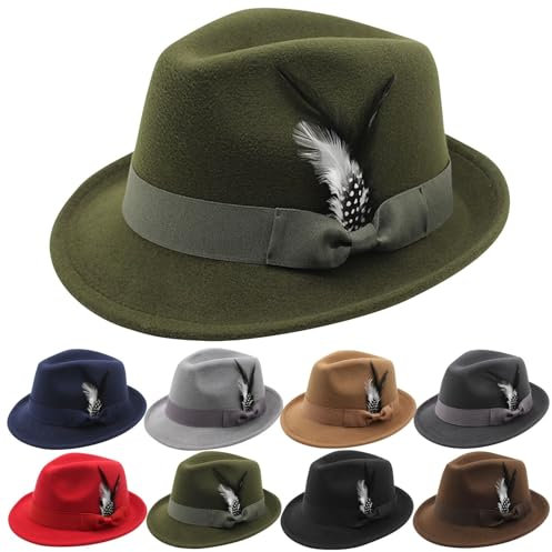 Fedora-Hüte für Damen und Herren, klassischer Vintage-Stil, kurze Krempe, Filzhut, Panama, Trilby-Hüte mit Federbändern, armee-grün, Einheitsgröße