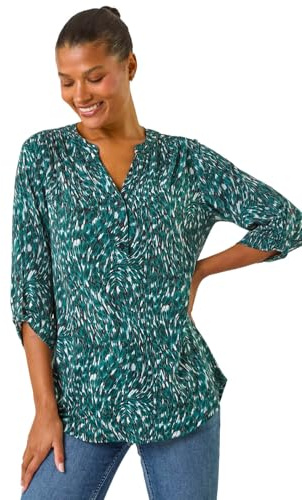 Roman Shirt for Women UK Ladies Top Collarless Blouse Stretchy Tunic Smart Casual Autumn Winter Jersey 3/4 Length Sleeve Notch V Neck Flattering Office Work - Teal Noir - Size 12