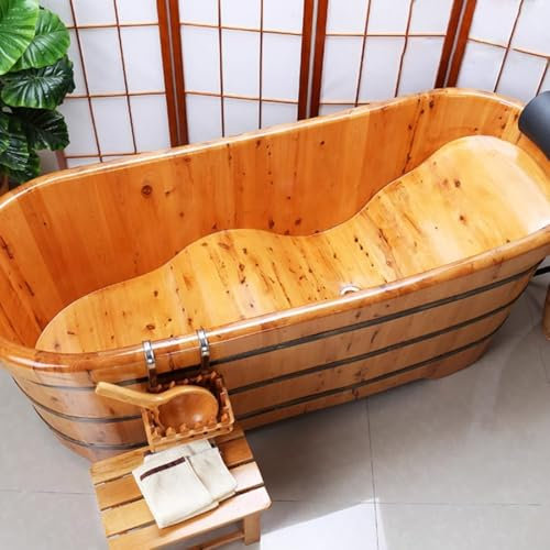 Qcesorib Baignoire de Trempage en Bois Massif, Baignoire Trempage avec Appui-Tête, Baignoire en Bois Orientale, pour Salle de Bain et Douche, 1.3 x 0.62 x 0.65 m