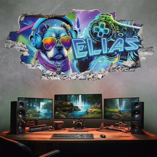 tjapalo® Hund Wandtattoo Gamer 3D Kinderzimmer Junge Name Bild Wandbild Mit Name Personalisiert Gaming Deko Teenager, xp4