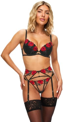 Ann Summers Caged Rose Padded Plunge Bra for Women A-E Cup Black/Red