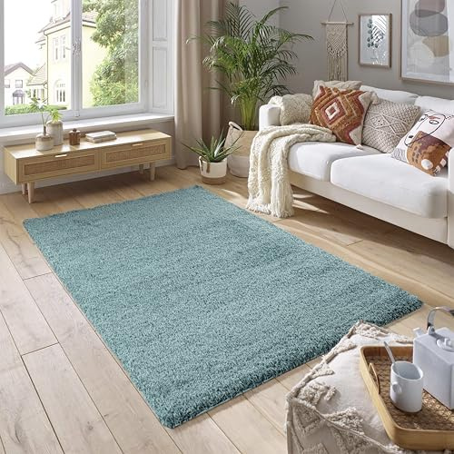 SmartLiving Rug 60 x 110cm Duck Egg Shaggy Rug Soft Thick 5cm Pile Modern Shimmer Area Rug, Fluffy Non Slip Bedroom Living Room Hallway Carpet, Luxury Shiny Floor Rug